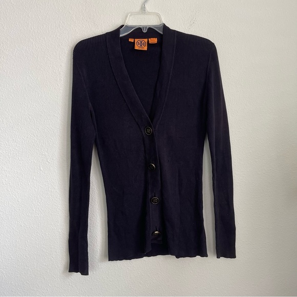 Tory Burch Button Front Striped Stretch Cardigan - Picture 1 of 6